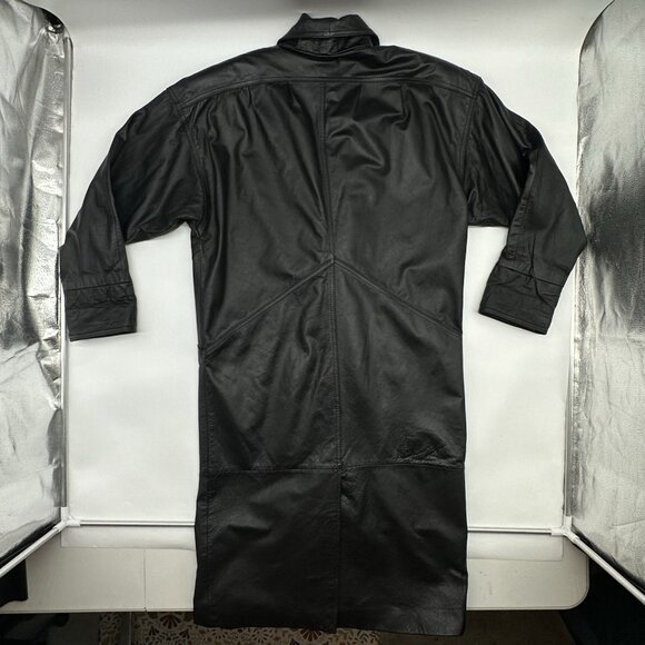 Vintage Jacqueline Ferrar Size Small Black Leather Button Up Long Trench Coat - Picture 8 of 10